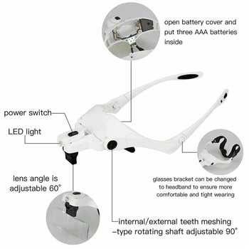 5 Lente De La Lupa Gafas Lupa Con Led Luces LampInterchangeable Lentes De 1.0 X/1.5 X/X 2,0/2,5 X/3.5 X Usar Lentes De Aumento