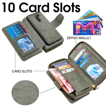 10 Tarjeta de Billetera de Cuero del Caso Para el Xiaomi Redmi Nota 9 8 8 7 K20 8A 7A MI Nota 10 9T Pro Magnético Desmontable con Cremallera Flip Case