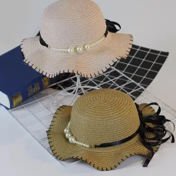 2017 Nueva Primavera y el Verano de la Mujer y el Niño de Ocio Pearl Beach Sombrero de Sol de Padre-hijo protector solar Grande Ondulado Sombrero de Paja