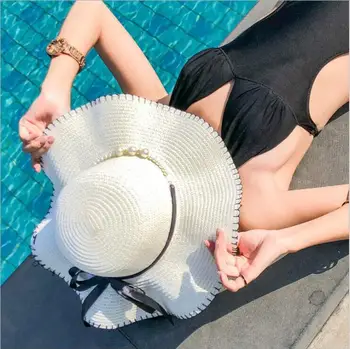 2017 Nueva Primavera y el Verano de la Mujer y el Niño de Ocio Pearl Beach Sombrero de Sol de Padre-hijo protector solar Grande Ondulado Sombrero de Paja