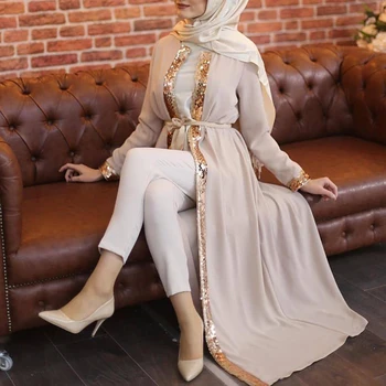 MISSJOY 2020 Abayas Musulmán Vestido de Lentejuelas de las Mujeres Casual Patchwork turco Dubai Vestidos de Chaqueta de punto Gris Elegante Traje Negro Mujer