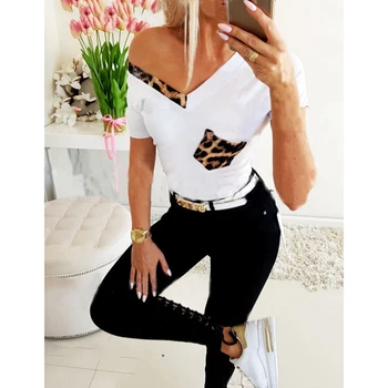 El verano de Leopardo Impresa Camiseta de las Mujeres Casual de Manga Corta de cuello en V de Bolsillo de Remiendo Delgado Camiseta Elegante de colores combinados Tee Superior SJ5949V