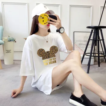 2020 Las Mujeres SummerBlack Blanco Casual Mini Moda Sueltas De Gran Tamaño Más Vestidos De Mickey Minnie Leopardo De Dibujos Animados De Manga Corta Vestido De
