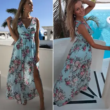 De Vacaciones De La Mujer De Maxi Boho Floral De Verano En Playa Larga Noche De Hendidura Del Partido Sol De Vestir