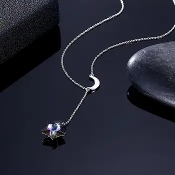 LEKANI de la Plata Esterlina 925 de la Luna de la Estrella del Collar Para las Mujeres de color Púrpura Austria Cristal de Cadena Larga de Doble Colgante de Collares de la Joyería Fina