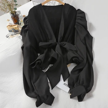Ropa de Mujer Blusas 2020 Primavera Verano Nuevo Color Sólido V-cuello de lazo Plisado de la Camisa de Mujer de corea de manga Larga de Gasa Blusas