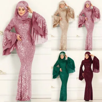 La moda de Dubai Estilo de Manga Larga de Sqquin Musulmanes, el Islam Kaftan Abaya Maxi Largo Vestido de Musulmán Túnica S-5XL