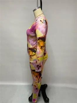 Adogirl Impresión del Tinte del Lazo de Mujer en tallas Set de Dos piezas XL-4XL Manga Larga Camisetas de la parte Superior del Lápiz Pantalones Casual Activo Traje Chándal