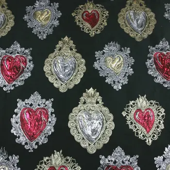 3D bordado metálico brocado de la tela del telar jacquar de oro grande en forma de corazón de hilo teñido de tela para el DIY de costura de las mujeres chico vestido de tissus tela
