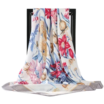 2021 Bufanda de Seda de las Mujeres de Moda del Diseñador de Hermosas Flores Foulard de Satén Suave Chal Bufandas Pañuelo de 90*90cm Cuello Cuadrado Pañuelo en la cabeza
