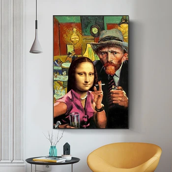 Divertido Arte de la Pared de la Mona Lisa y Van Gogh Fumar Pinturas en Lienzo de Arte de los Carteles y Grabados Da Vinci Famosas Pinturas para la Sala de estar