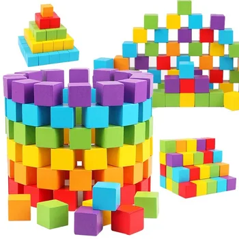 50PCS Colorido Cubo de Madera de Bloques de Construcción de Juguetes Para los Niños Montessori Color de la Forma de Conocer el Aprendizaje de los Juguetes Educativos Bebé de Regalo