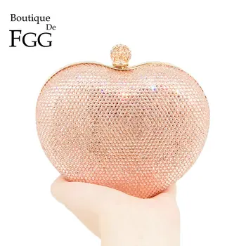 Boutique De FGG Champagne Diamante de las Mujeres del Corazón de Embrague Bolsos de Noche de Novia de la Boda Bolso de Fiesta de la Cena de Cristal Bolsos