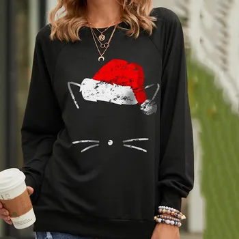 Sombrero De Navidad Gato Cara De Impresión De Las Mujeres Suéter De Patchwork Sweatershirt Top De Manga Larga 