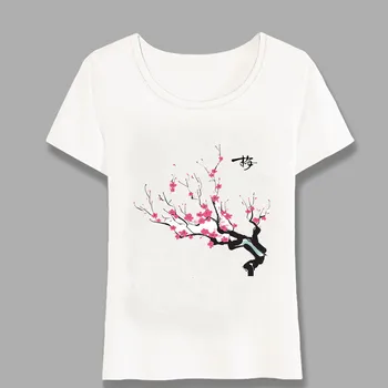 De Los Cerezos En Flor De Arte De Impresión T-Shirt De Moda De Verano De Las Mujeres T-Shirt De Estilo Japonés Chica Casual Tops Chica Sencilla Tees De Harajuku