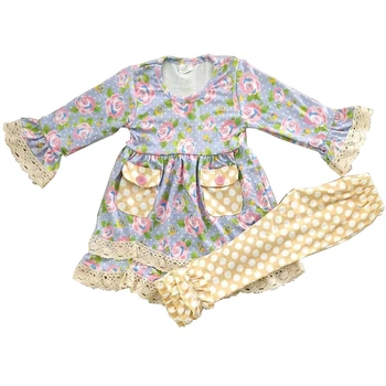 Invierno bebé chica de la boutique de ropa conjunto floral de manga larga túnica con bolsillos partido pantalones de lunares