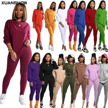 XUANSHOW 2020 Otoño de la Moda de 15 Colores Sólidos de las Mujeres Conjunto de Dos piezas de Trajes de Carrito de Traje de Pantalones de Chándal de juego de Ropa Casual