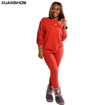 XUANSHOW 2020 Otoño de la Moda de 15 Colores Sólidos de las Mujeres Conjunto de Dos piezas de Trajes de Carrito de Traje de Pantalones de Chándal de juego de Ropa Casual