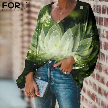 FORUDESIGNS Dama Blusas de Gasa Suave Fresco Arte de la Flor Impreso V-Cuello Suave Tops Y Camisetas de Parte de la Oficina de Ropa de Mujer de Tamaño Más