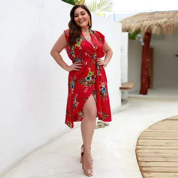 2020 Sexy de Mujer en tallas del Vestido del Verano de la Moda Bohemia de la Impresión Floral sin Mangas V-cuello de Encaje Asimétrico Vestido de Playa Vestido de Fiesta