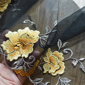 2Yds/lote 21cm de Ancho Negro de Malla 3D Amarillo Patrón Floral Bordado de Alta Calidad, ajuste del Cordón Para la ropa de la Boda 20204116