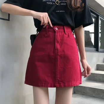 La primavera y el Verano Falda de Mezclilla de las Mujeres de la altura de la Cintura que Adelgaza Retro de Hong Kong al Estilo de Estudiante Todos-partido de la Falda de Una Línea