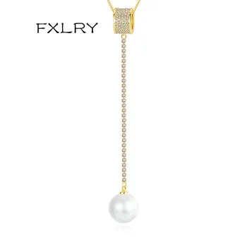 FXLRY nuevo diseño blanco /color Oro AAA Circón suéter Largo de la cadena de la perla colgante collar De la Mujer de Novia de Fiesta de la Boda de la Joyería