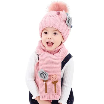 2020 flor hailball gorros de conjuntos de terciopelo de lana de los muchachos de los niños de Tejer sombreros de piel de invierno de 2 piezas bebé chica de la bufanda del sombrero de Edad de 2 a 8 Años de edad