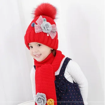2020 flor hailball gorros de conjuntos de terciopelo de lana de los muchachos de los niños de Tejer sombreros de piel de invierno de 2 piezas bebé chica de la bufanda del sombrero de Edad de 2 a 8 Años de edad