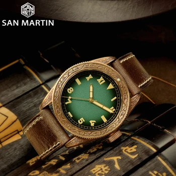 San Martin Retro Reloj De Bronce Grabado Tradicional Patrón Mecánico Relojes Unisex Luminoso Agua De Zafiro Resistente A Los Relojes