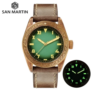 San Martin Retro Reloj De Bronce Grabado Tradicional Patrón Mecánico Relojes Unisex Luminoso Agua De Zafiro Resistente A Los Relojes