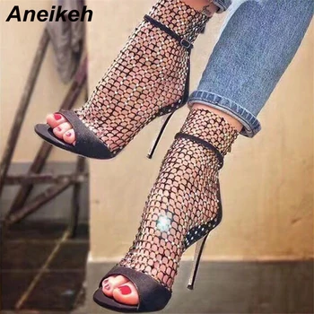 Aneikeh NUEVO Verano Brillo Gladiador de Aire de malla Sexy Sandalias Zapatos de Mujer de Tacón Peep Toe Stripper de la Cremallera de la Parte Delgada de Tacón Bombas