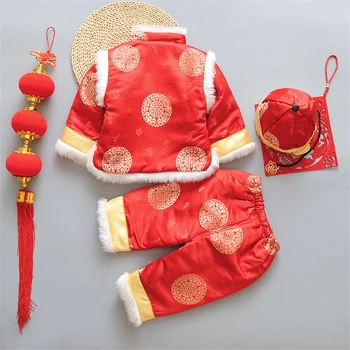 Tradicional Año Nuevo Chino Tang Traje para el Bebé recién Nacido Niños Niñas Dragón Impresión de Invierno de Lana de Piel de Hanfu Festival de Cumpleaños Regalo