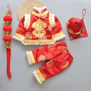 Tradicional Año Nuevo Chino Tang Traje para el Bebé recién Nacido Niños Niñas Dragón Impresión de Invierno de Lana de Piel de Hanfu Festival de Cumpleaños Regalo