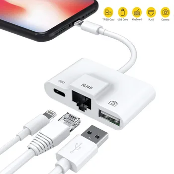 3 en 1 Cargador del Adaptador de conector Lightning a LAN de Ethernet de 100Mbps RJ45 Adaptador USB OTG Cámara Reader Para iPhone/iPad