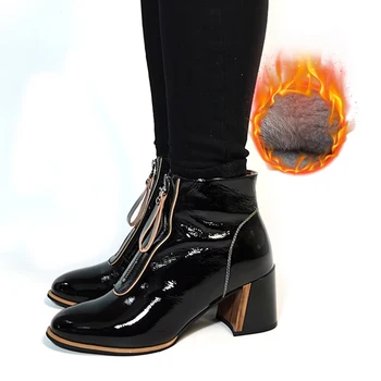 HARAVAL de Tobillo Botas de los Zapatos de Lana de Invierno Caliente Sexy de Cuero Genuino de la prenda Impermeable de Tacón Grueso con Cremallera de Piel de Mujer Calzado de Alta QualityE10