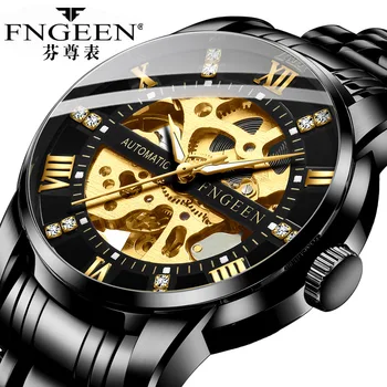 La parte superior de la Marca FNGEEN de Lujo de los Hombres Reloj Automático Hueco Hombres Mecánicos Relojes Esqueleto Impermeable de Acero Inoxidable Reloj