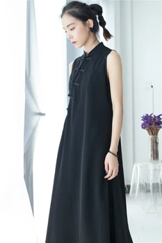 Cakucool Mejorado cheongsam placa de hebilla negro vestido de 2019 primavera y el otoño y el desgaste de la brisa fresca retro medio largo el vestido para las mujeres
