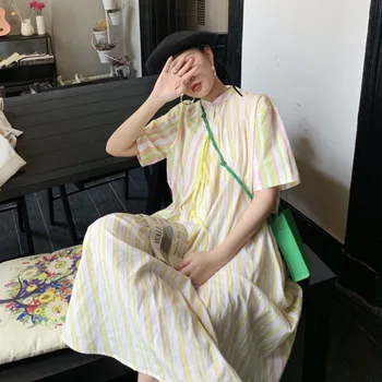 LANMREM 2021 verano nuevo coreano rayado amarillo mosaico de manga corta vestidos de famale nicho sueltas de gran tamaño de la ropa de las mujeres YJ660