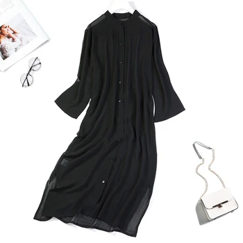 Las mujeres del de Seda Negro de Cuello de Botón de Larga Vestido de la parte Superior del Kimono Cardigan Chal Capa Blusa de Playa de Verano de la Cubierta Hasta un tamaño JN145