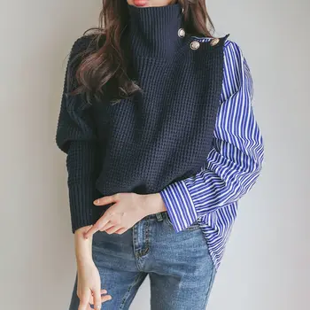 Las Mujeres De Cuello Grueso De Gran Tamaño Suéter Coreano Patchwork Tejer Suéteres Jersey Y El Puente De 2019 Otoño Invierno De Punto Superior