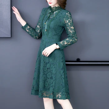 Otoño Invierno coreano Verde de Encaje Sexy Midi Vestidos de 2021 Vintage Casual 2XL Más el Tamaño de Vestidos de las Mujeres Elegantes Bodycon Vestidos de Fiesta