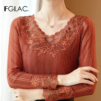 FGLAC las Mujeres blusa camisa de Moda casual de manga larga camisas de encaje Elegante hueco y delgado Diamantes de malla tops más el tamaño de la camiseta de la mujer