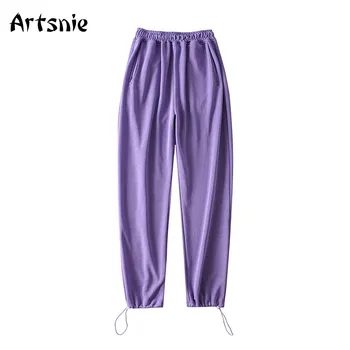 Artsnie invierno 2020 sweet purple deportivos de las mujeres de cintura alta bolsillos encaje pantalones vintage casual de algodón de ancho de la pierna de los pantalones de mujer
