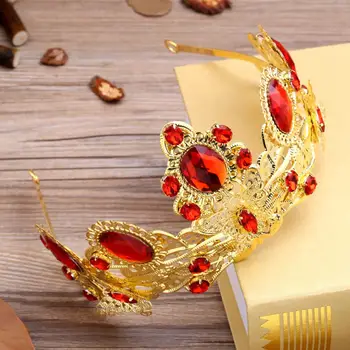 Clásico rojo simple de diamante de imitación de novia de diadema de estilo Barroco de la corona roja real tocado de boda adornos para el cabello