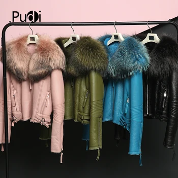 PUDI C18002 de las mujeres de invierno cálido sheepleather chaqueta chaleco de mapache cuello de piel de la chica de la capa señora de la chaqueta de abrigo