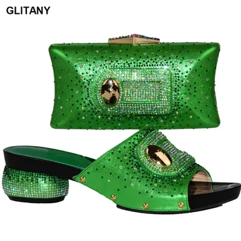 El Color verde de África las Mujeres los Zapatos y Bolsa Decorada con diamantes de imitación Zapatos italianos con la Coincidencia de la Bolsa de Italia de Zapatos y Bolsa