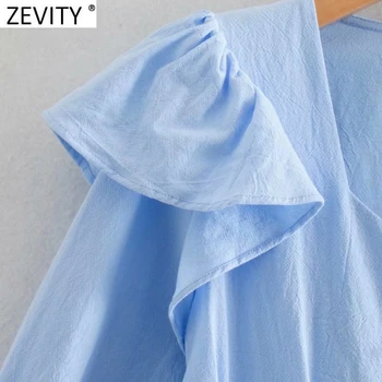 Zevity Nueva 2021 Mujer Dulce Volantes de Encaje Hasta el Cielo Azul de la Camisa de Vestir de Mujer Elegante Pliegues en el Pecho Solo de Fiesta Vestido de Ropa DS4985