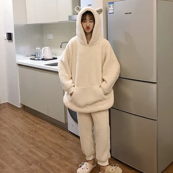 2020 otoño invierno de las nuevas mujeres de corea de la versión de la salvaje suelto de la felpa orejas de conejo en casa set 2pcs pijama conjunto de pijamas PIJAMAS