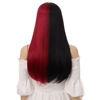 HOUYAN Largo cabello lacio color negro más rojo rosa azul de dos colores sólidos de Halloween cos Europeos y Americanos peluca aire flequillo
